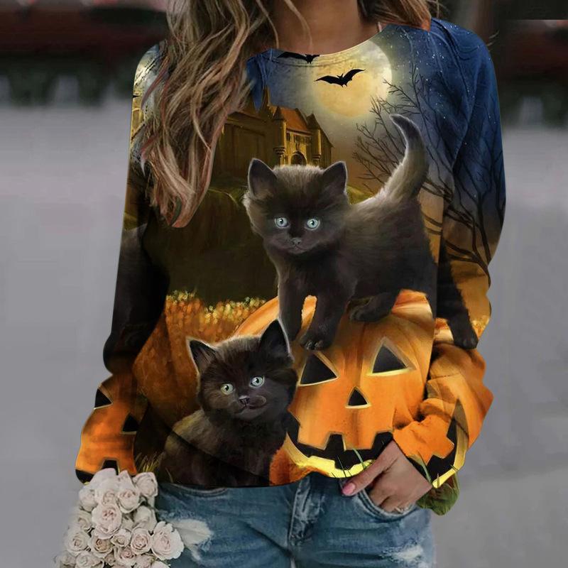 Autumn 3D Halloween Black Cat & Pumpkin Printed Sweatshirts Fashionable Casual Sports Long Sleeved Women's Hooded Sweatshirts