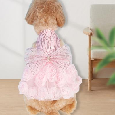 Pet Dress Bow Tie 3D Flowers Sequins Rhinestone Decor Breathable Mesh Pomeranian Chihuahua Puppy Cat Costume Pet Wedding Dress