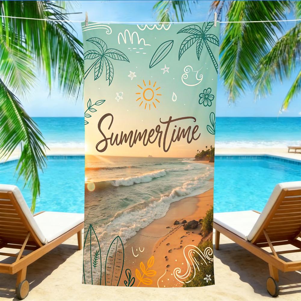 

Summertime Beach Towel – Oversized Quick Dry Sand Free with Sunset & Hand-Drawn Palm Print W40*H60(CM)