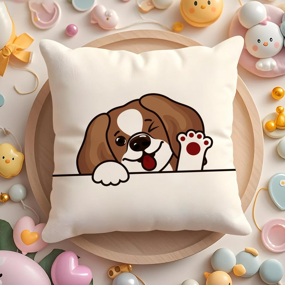 Cushion Cover Cute Dog Waving Paw Plush Fabric Soft Double-Sided Printed Sofa Warm Winter Home Gift Pillow Case