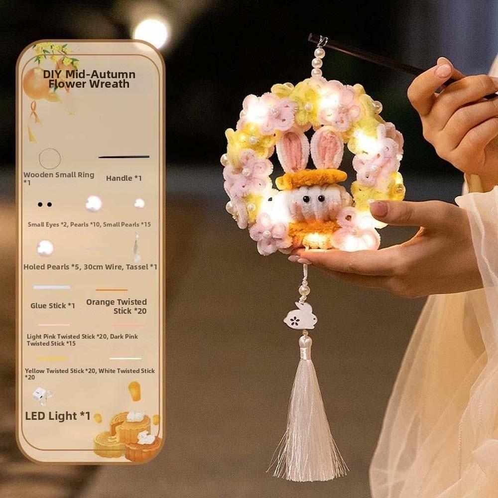 Handmade Rabbit Hoop Lamp Glowing Chenille Stems Craft Bunny Wreath Lantern  Mid-Autumn Festival
