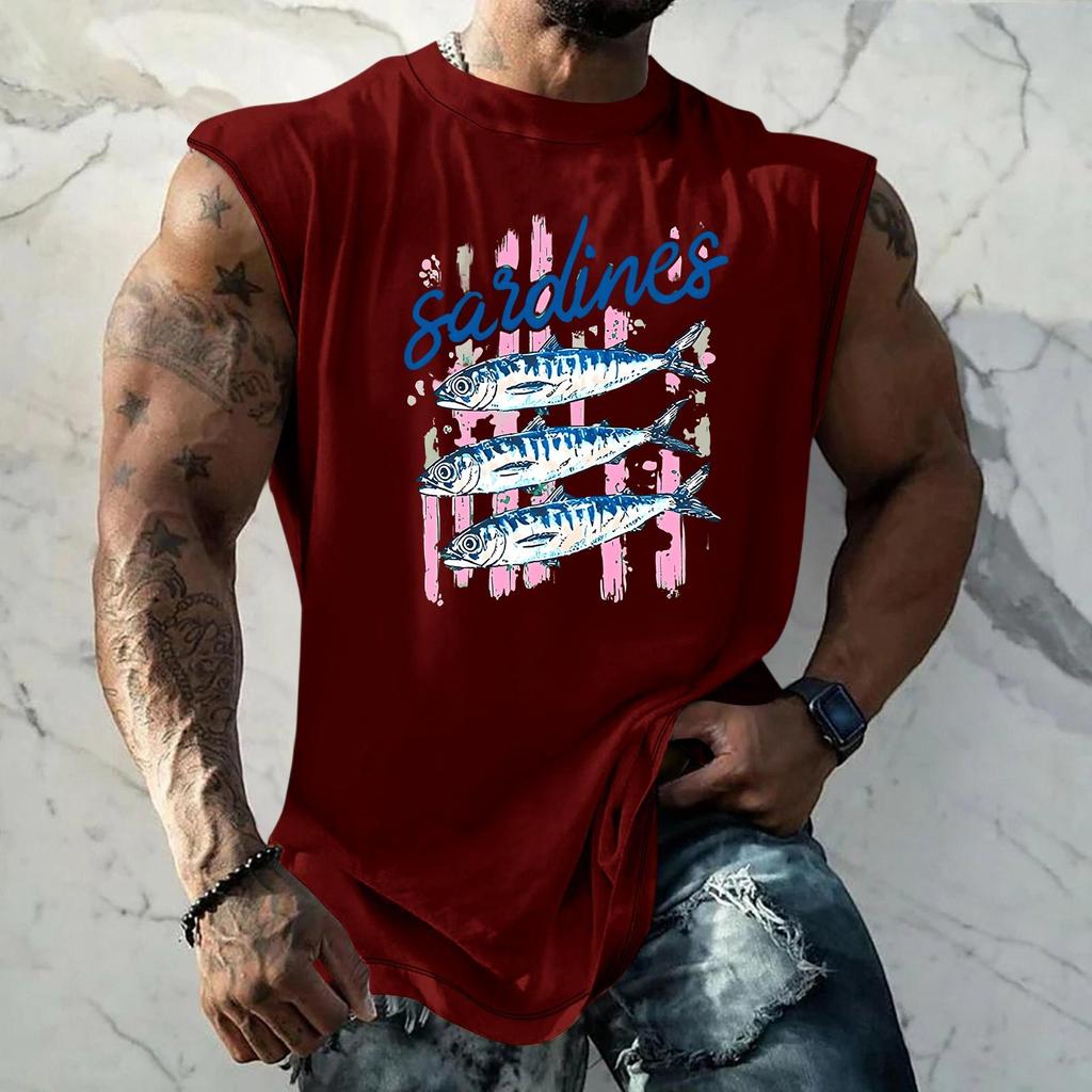 Pánské tílko s vtipným potiskem a retro texturou, volný střih, prodyšné, na letní sporty a streetwear, ležérní pro každodenní nošení