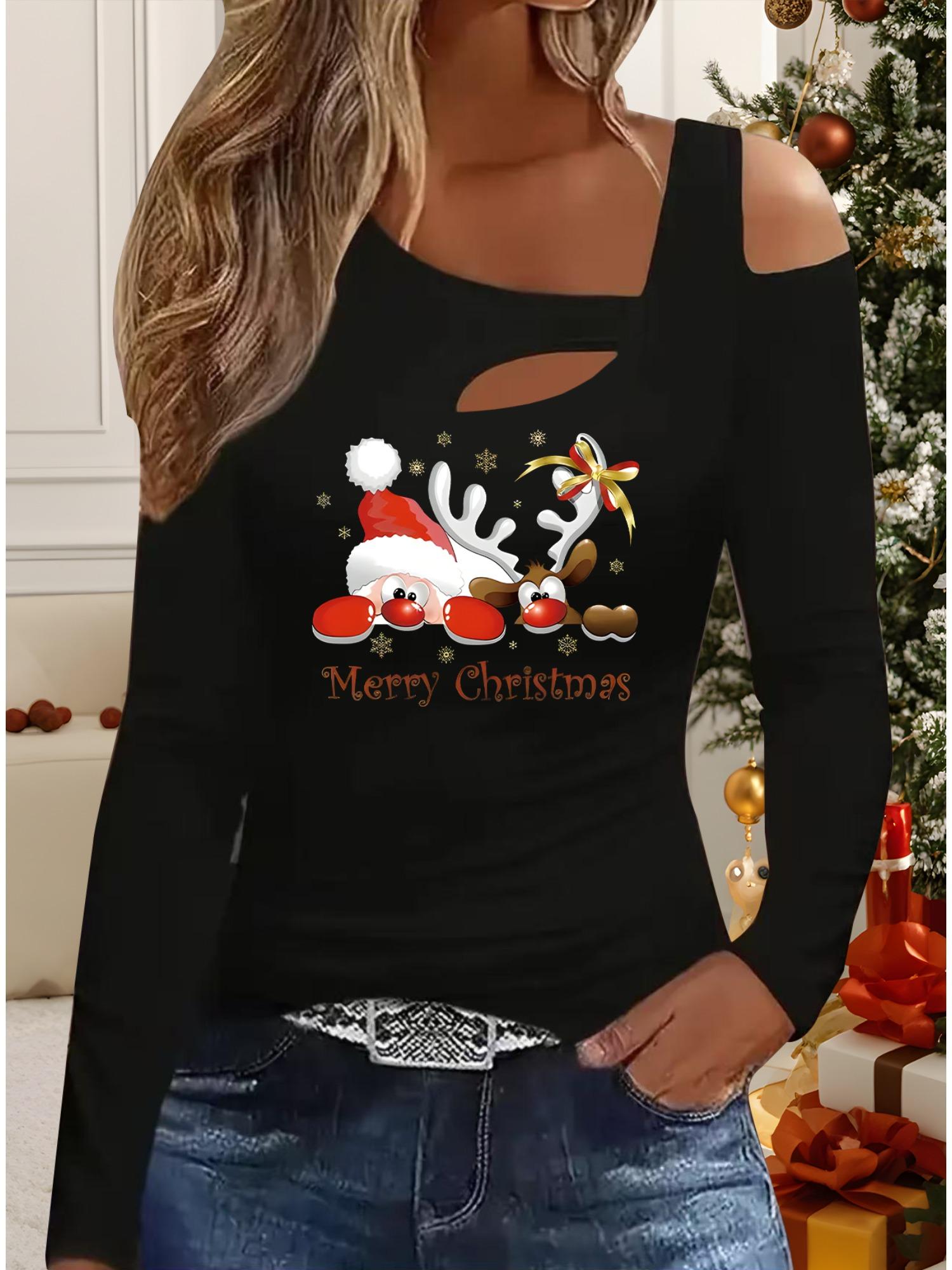 

Осень и Зима Женский Новый Повседневный Топ с Длинным Рукавом Рождественский Узор Идеальный Подарок на Хэллоуин Рождество Футболка S чёрный