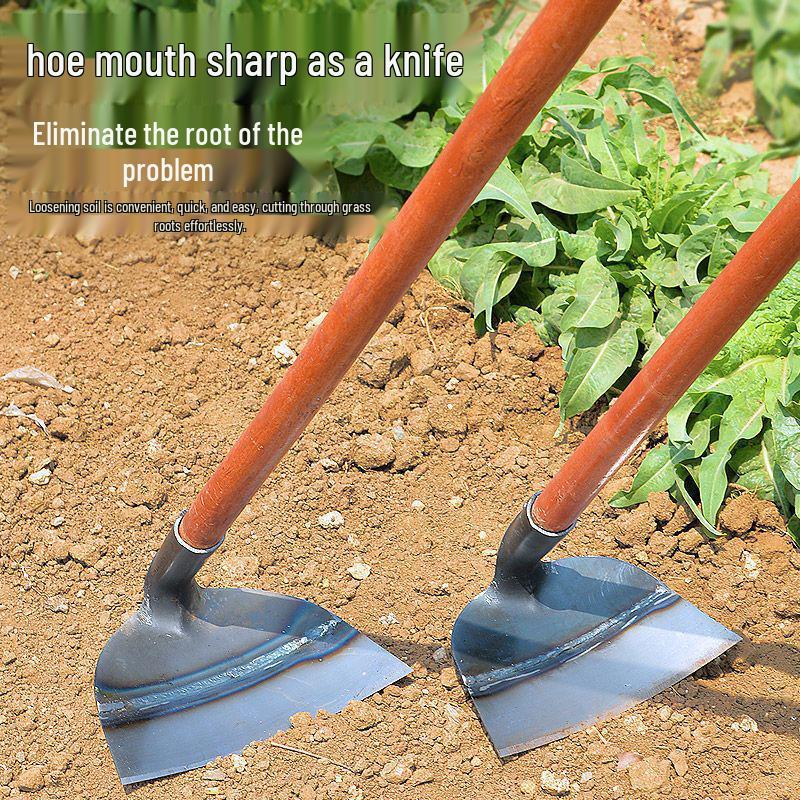Dual-Use Agricultural Tool: Manganese Steel Hoe Blade with Solid Wood Handle for Tilling and Soil Loosening