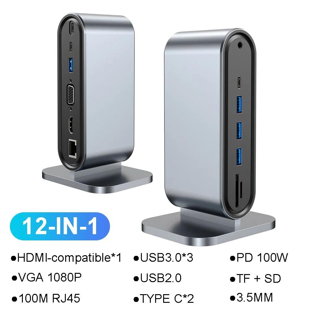 Vertical Docking Stations 15-in-1 USB Docking Station TYPE C Hubs with Triple Monitor HDMI 4K60Hz/RJ45 1000M/USB3.0/PD100W