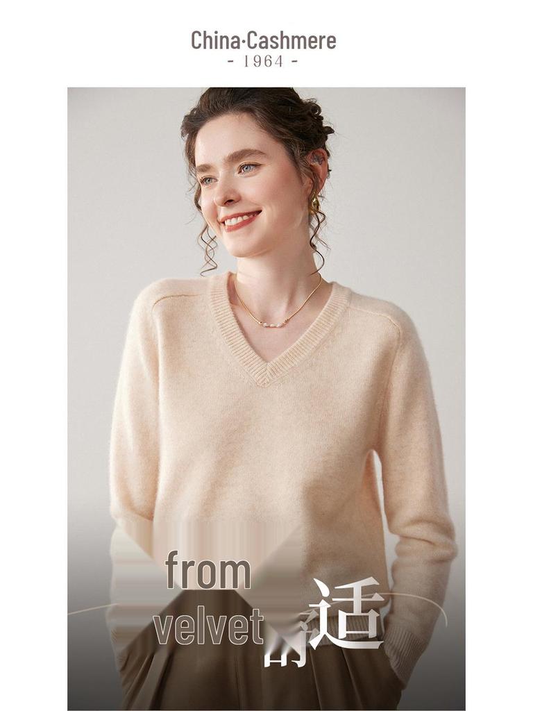 Women's V-Neck Loose Knit Cashmere Sweater - Autumn/Winter Style, Thick Long Sleeve, Slimming and Fashionable