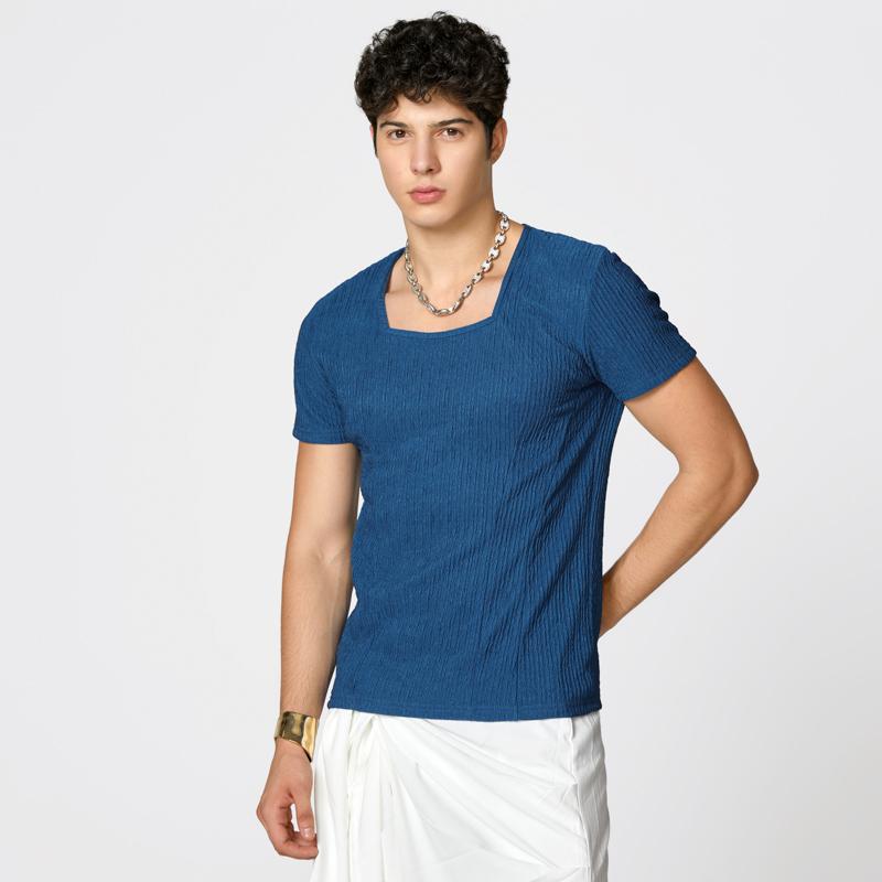

INCERUN Summer Men Square Collar Texture Fitted Casual T-shirts Tops Undershirts 5XL синий