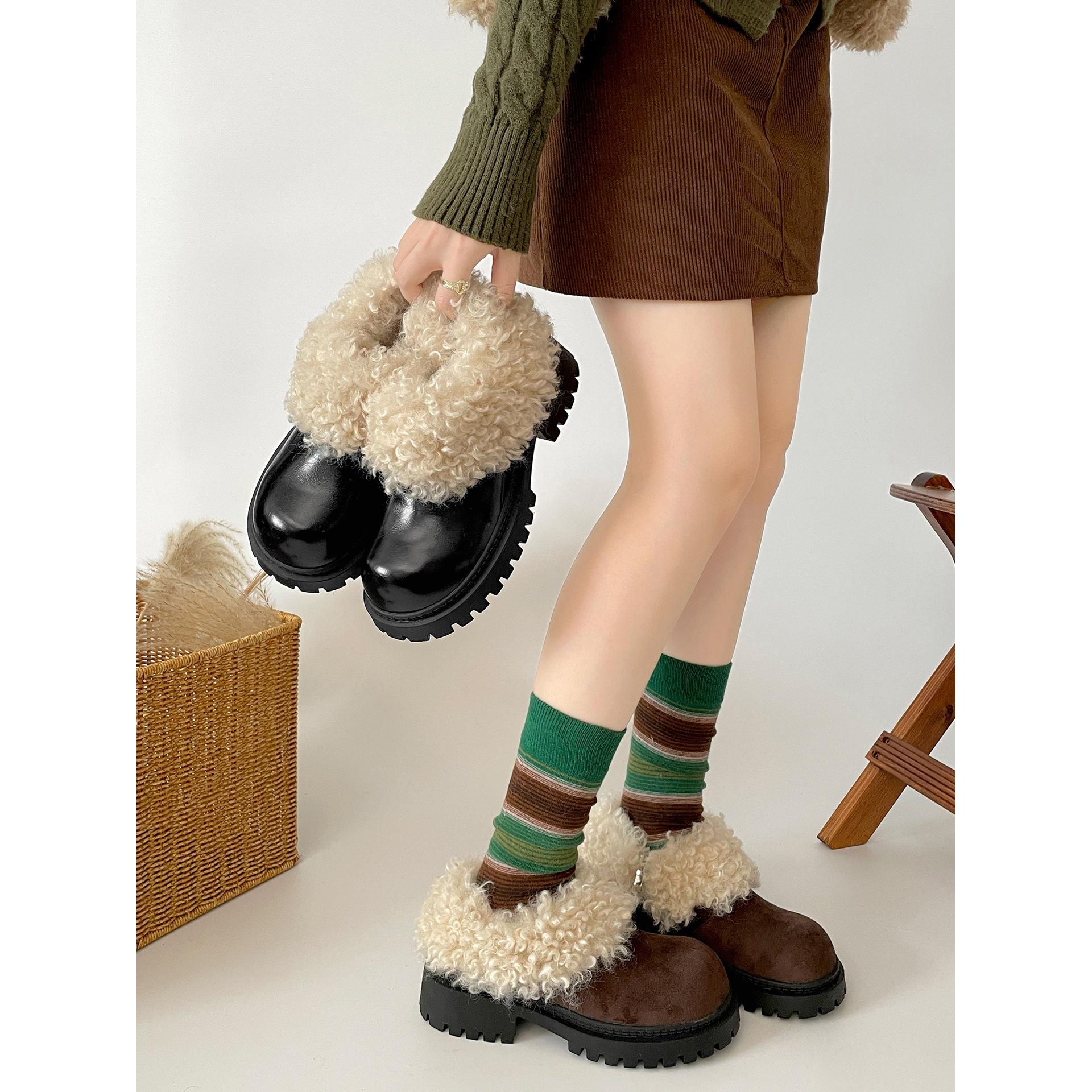 Black retro velvet thick heel platform small leather shoes for women, autumn and winter with skirts, warm fluffy cotton shoes 40 коричневый