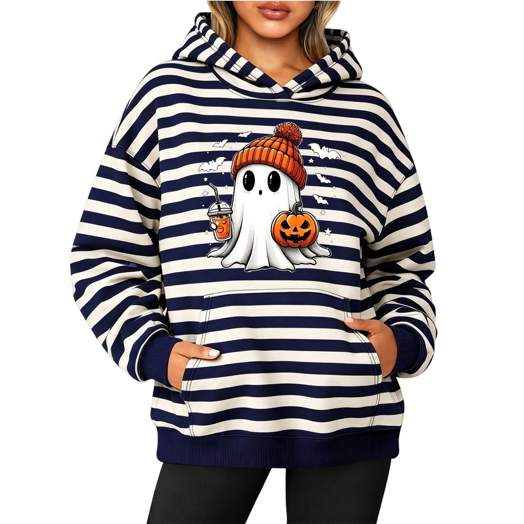 Women's Fashion Striped Print Long Sleeve Pullover Hoodie with Pockets for Halloween