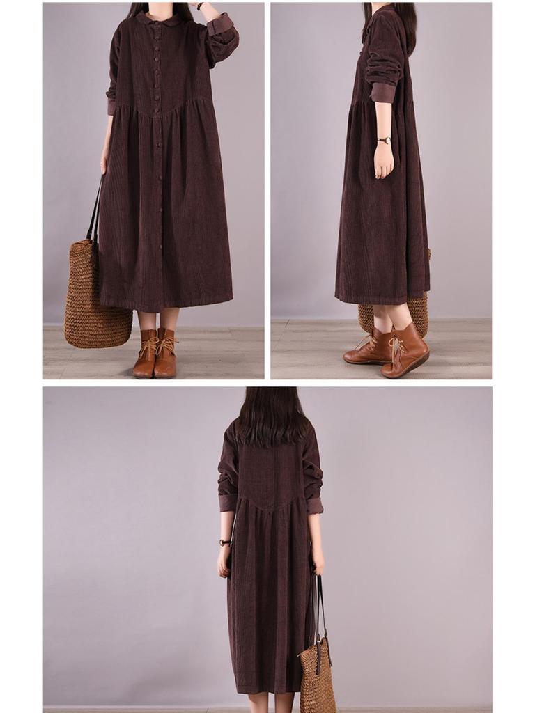 2025 Frühling/Herbst Retro Kord Locker Langarm Einfarbiges Kleid