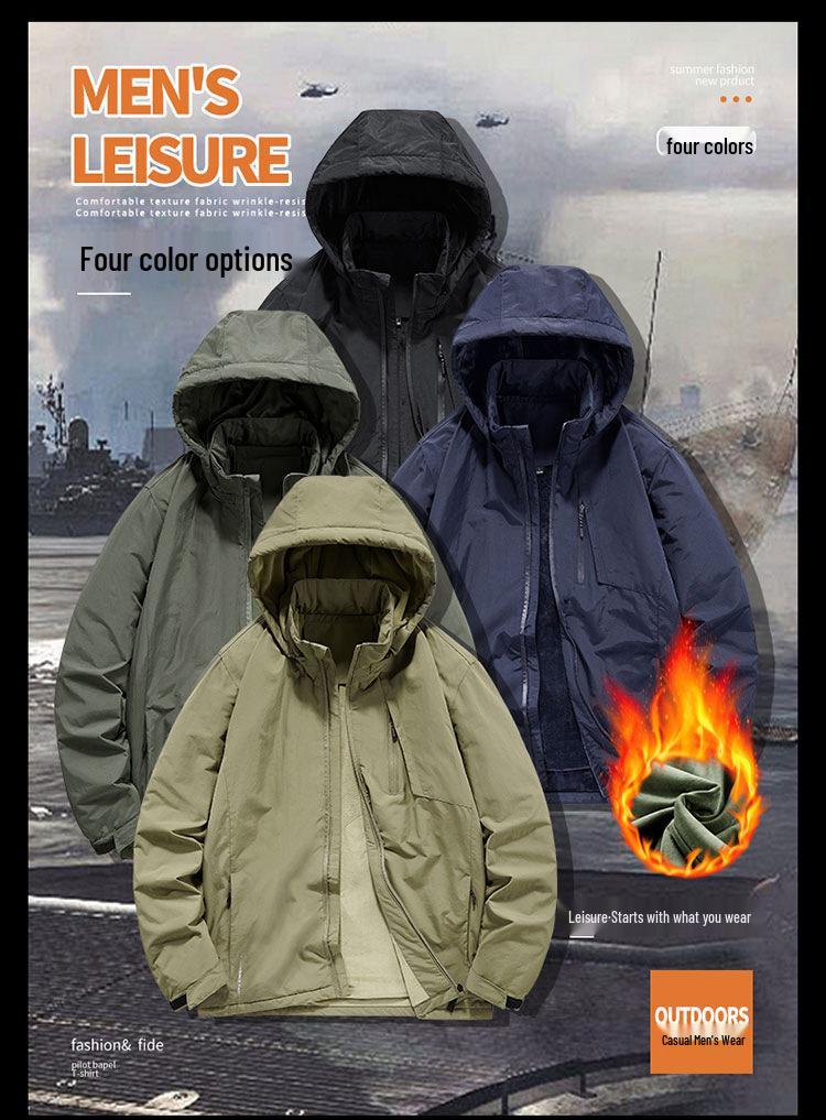 Men's Thin Plus Fleece Jacket, Waterproof Windproof Mountain-Style Outerwear with Detachable Hood for Spring & Autumn