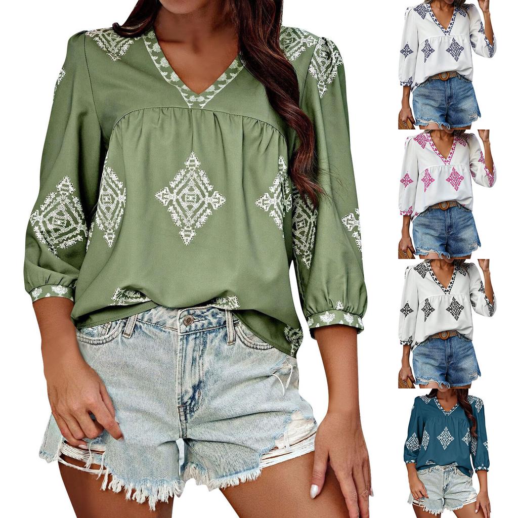 Top pentru femei cu decolteu în V, casual, imprimat, cu șapte mâneci