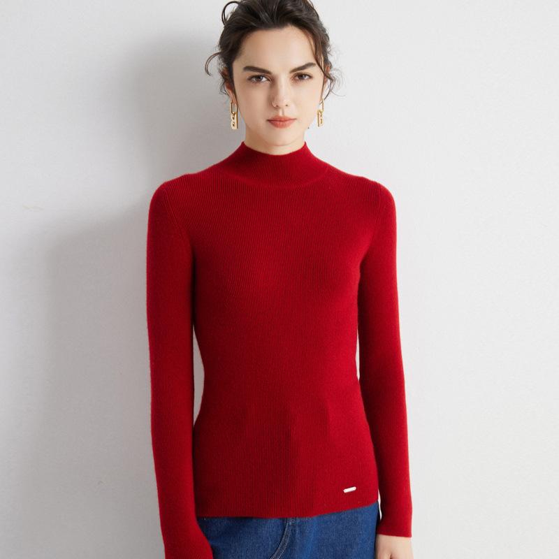 Women's 100% Pure Cashmere Ribbed Slim Fit Half-High Neck Sweater - Long Sleeve Gentle Style Base Layer