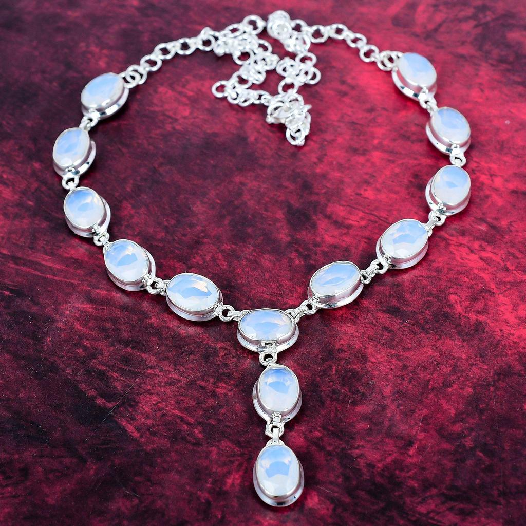 Milky Opal Handmade Gemstone Necklace, 925 Solid Sterling Silver Necklace Antique Jewelry, For Engagement Gift