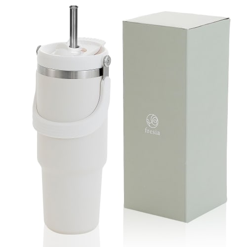 

fresia Tumbler with Straw and Lid, Portable, Large Capacity, Keeps Drinks Cold or Hot, Spill-Proof, Vacuum Insulated, Stylish, Gift, 900ml (White)