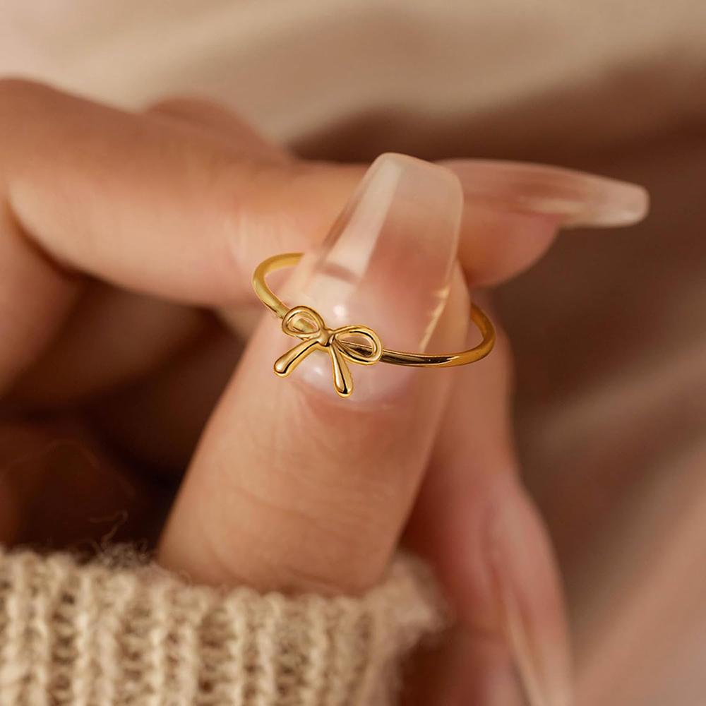 Favorite Toy Women's Gold Dainty Plated Bow Rings For Mother Daughter Friendship Ribbon Knot Ring Aesthetic Bowknot Wedding Bands Zircon Gift