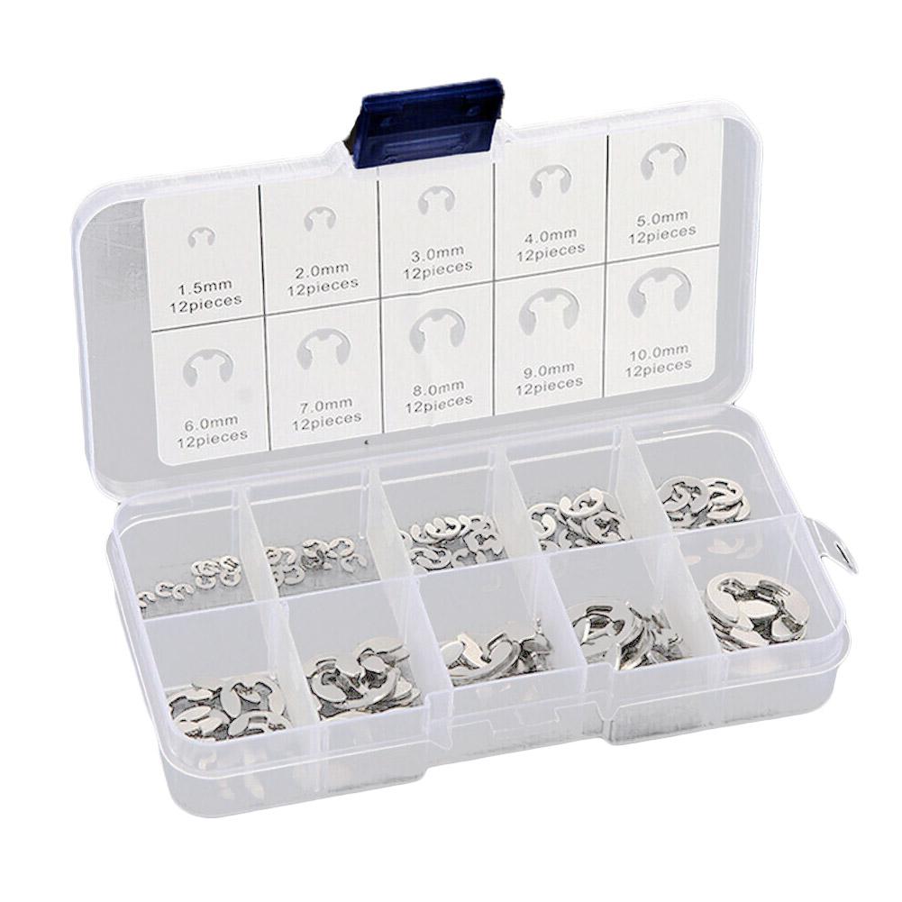 

Open Retainer Type E Circlip 120Pcs 304 Stainless Steel E Clip Washer M1.5-M10 Circlip Retaining Ring For Shaft Fastener