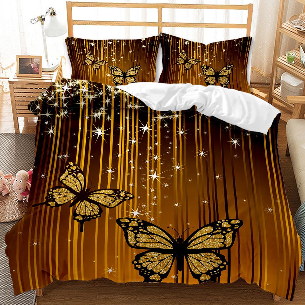 Butterfly King/Queen Size Bedding Sets for Women Golden Butterfly Black Duvet Cover Flower Butterflies Polyester Quilt Cover