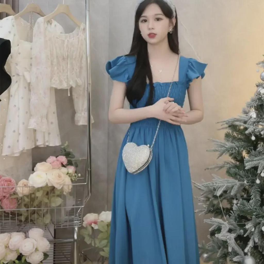 2023 Summer French-Style Pleated Waist Midi Dress with Flutter Sleeves and Square Neck