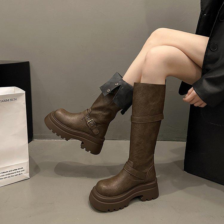 Leather But Knee Boots Women's 2025 Autumn New Retro Handsome Versatile Maillard Platform Knight Boots Winter