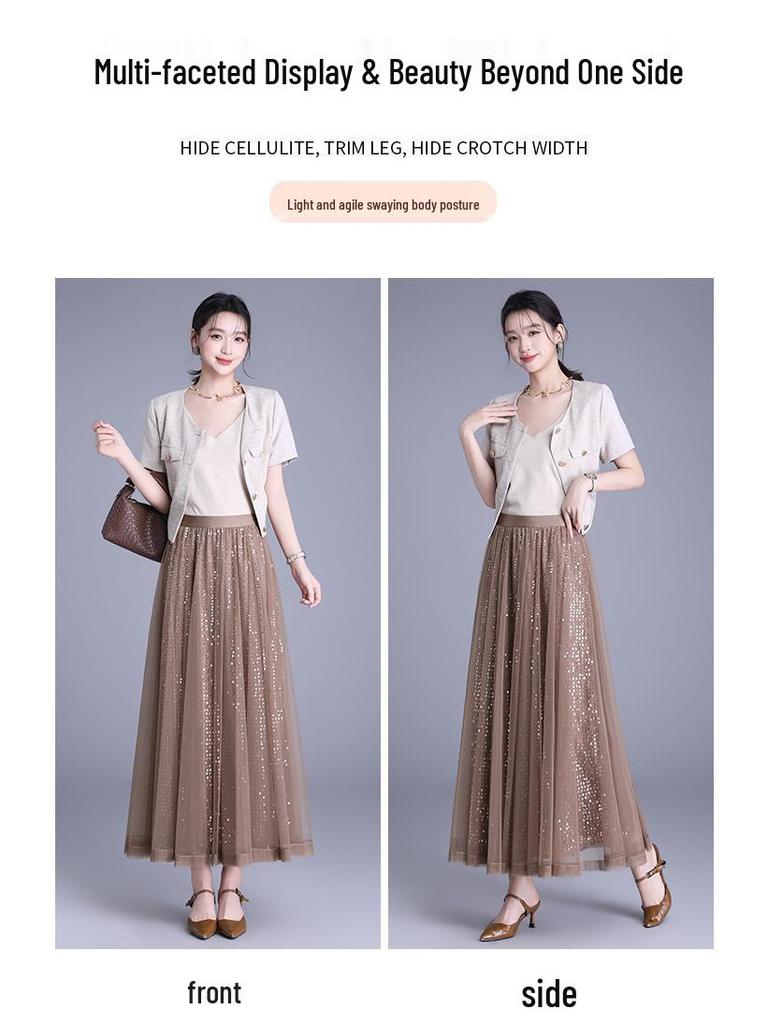 Spring 2026 Sequin Mesh A-line Midi Skirt - Slimming, Drapey, Fashionable, Casual Wear