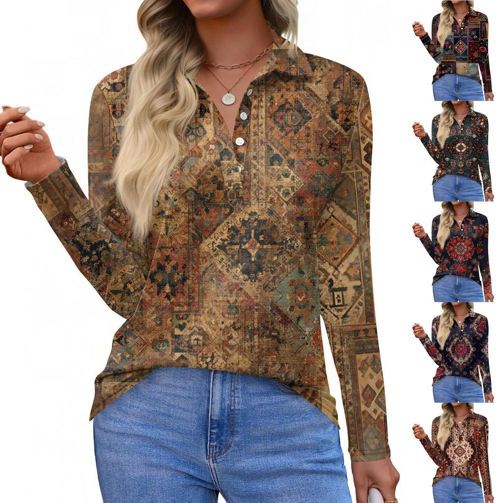 Women's Fashion Casual Lapel Short Long Sleeve Print Shirt Women's Button Up Tops