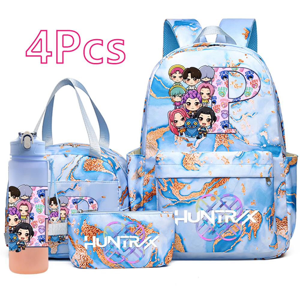 4Pcs/set Anime K-Pop Printed Backpack Handbag Pencil Case with 750Ml Water Bottler for Teenager Boy Girl Schoolbag Large Capacity Bookbag Kid Gift