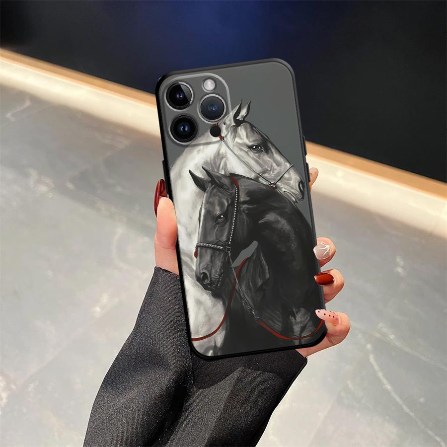 Animal Horse Pattern Black Soft Phone Cover Case for iPhone 13 12 11 17 Pro Max 17Air XS Max XR 15 16 14 Plus 7 8