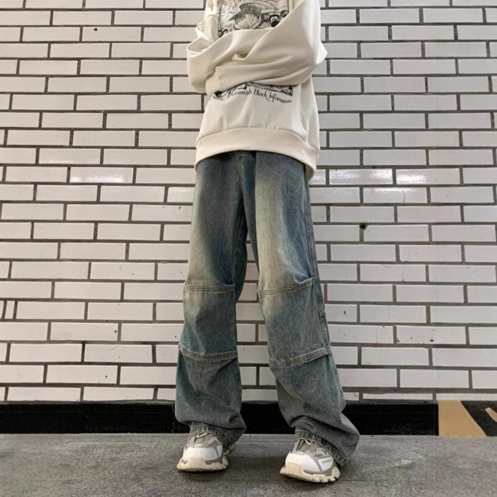 Washed and old jeans men's autumn American retro wide-leg mopping trousers trendy brand loose straight casual trousers