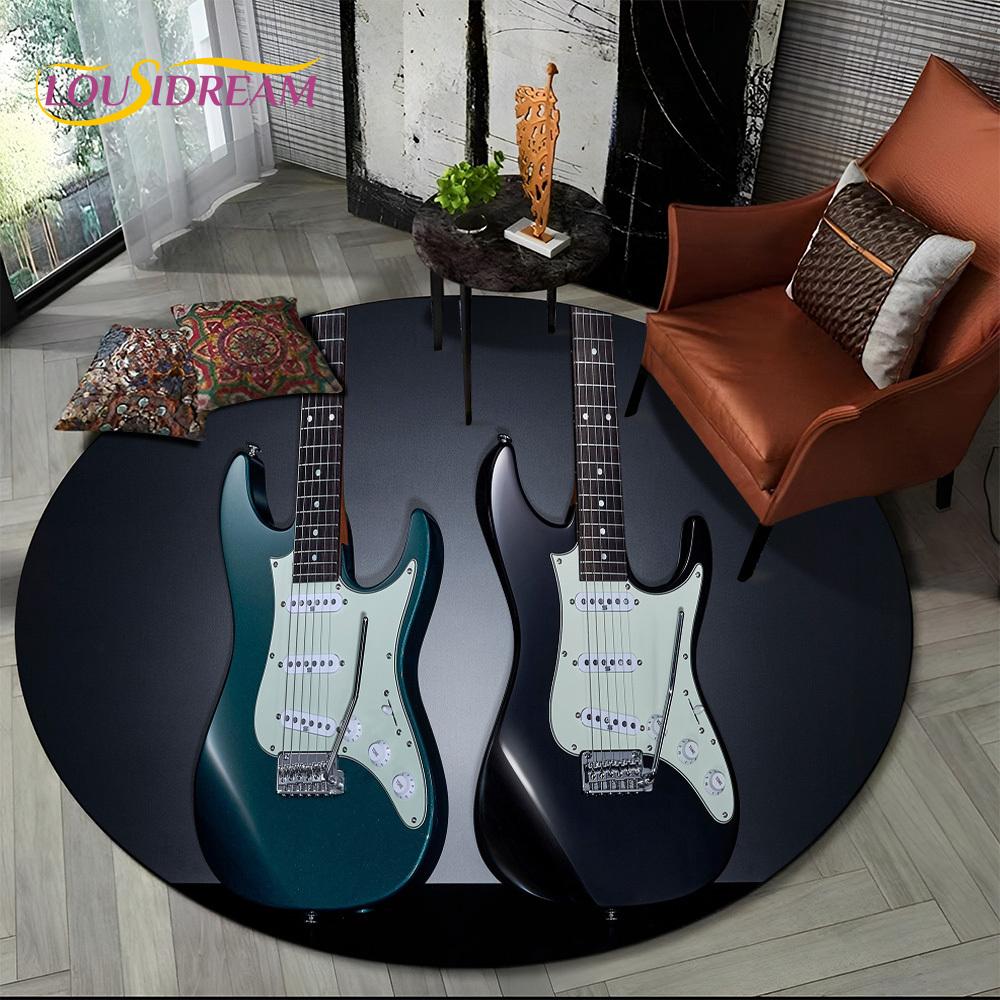 3D E-Gitarre Klassische Gitarre Musik Runder Teppich Teppich für Wohnzimmer Schlafzimmer Kinderzimmer Dekor, Haustierbereich Teppich Rutschfeste Bodenmatte