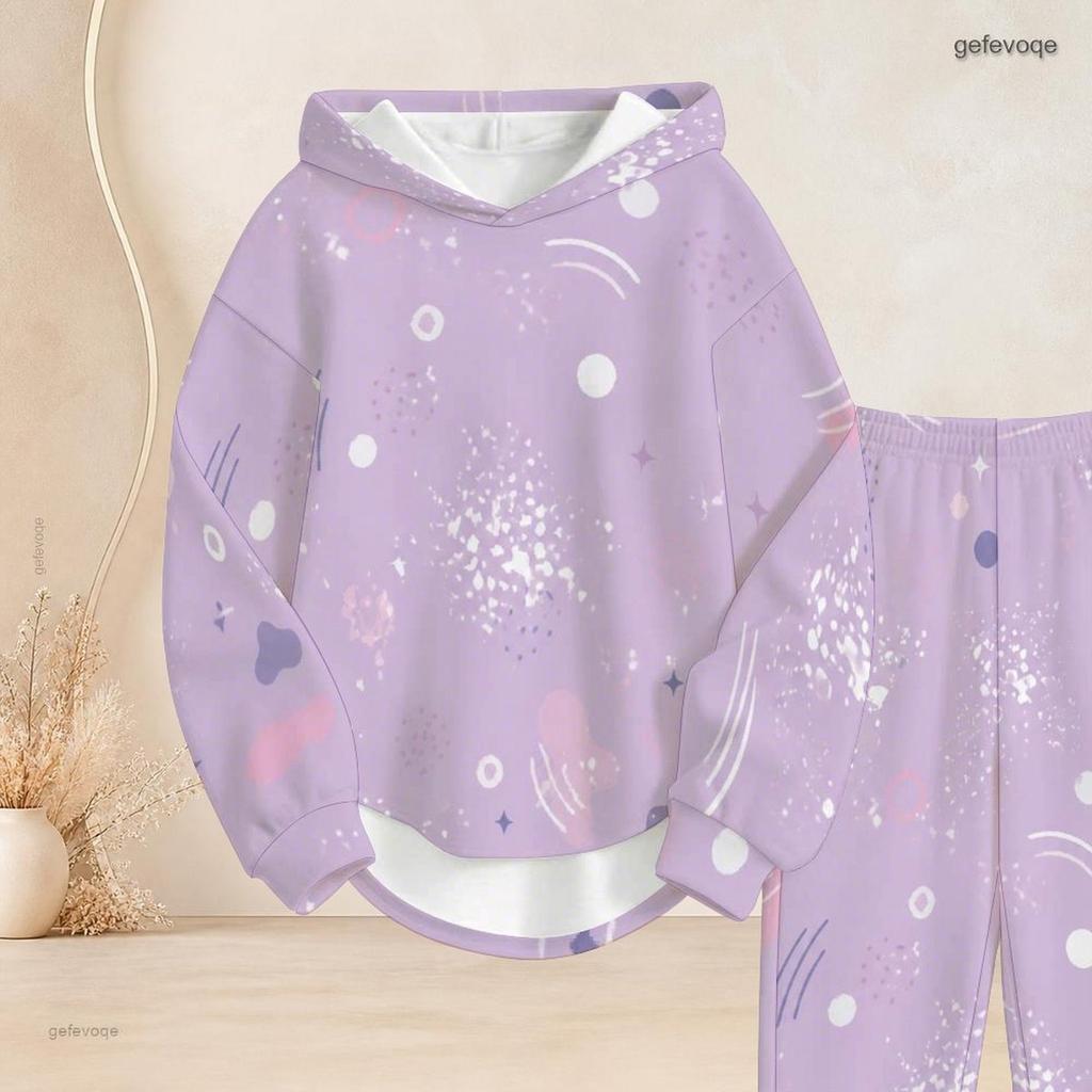 Women Plus Size Beige Grey Printed Two Piece Set Hooded Long Sleeve Top And Cuffed Pants