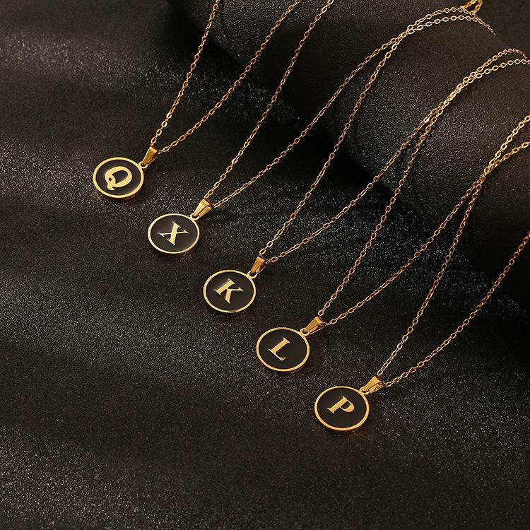 English letter oiled necklace, European and American trend titanium steel chain, round gold letter pendant collarbone chain