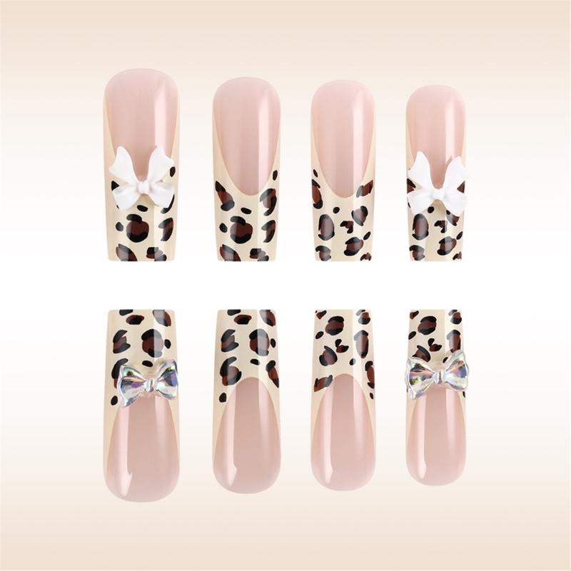 24 Pcs 3D Bows Artificial Nail French Tip Press On Nail Long Square Stick On Nail Leopard Print False Nail