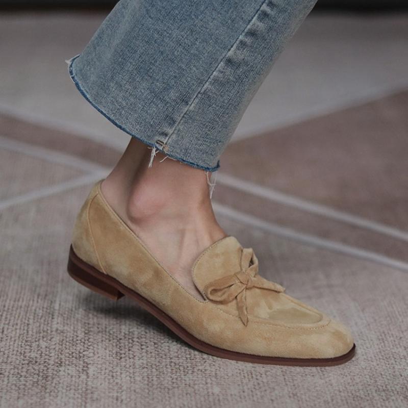Fashion Spring/Autumn Women Loafers Sheep Suede Leather Shoes for Women Round Toe Chunky Heel Shoes Casual Bow-knot Low Heel Women Pumps