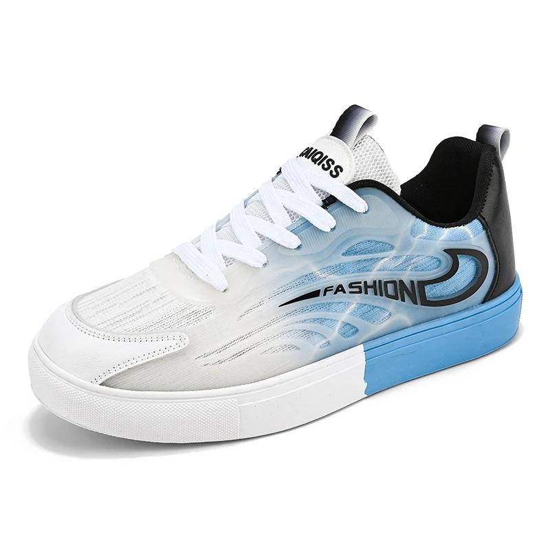 Low top board shoes for men's spring mesh breathable and non stuffy feet, night light anti slip soft sole casual white men's spo