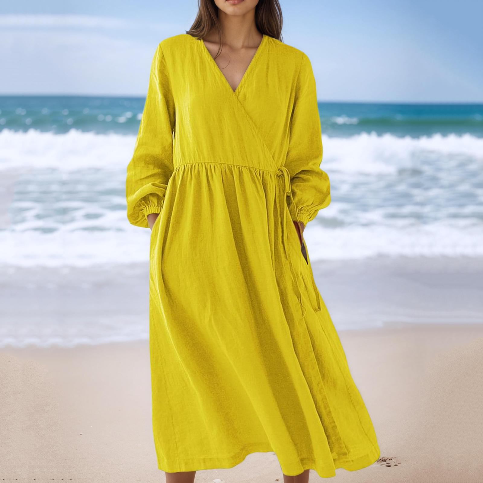

Women s Fashionable Loose-Fit High-Waisted Cotton-Linen Blend Casual Long-Sleeve Dress XL жовтий
