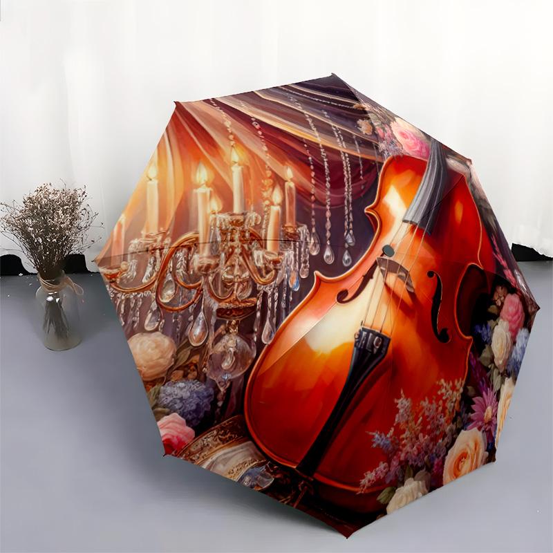 1pc Music Theme Pattern Umbrella Portable Folding Umbrella Iron Frame Hole Bone Structure Outdoor Home Umbrella
