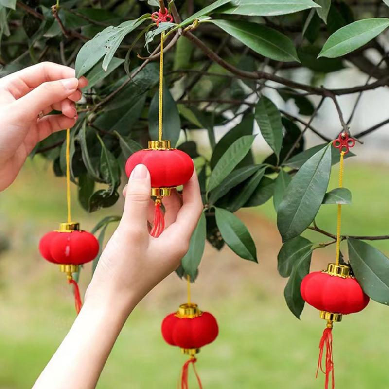 Portable Round Plush Red Lantern With Lanyard Chinese New Year Spring Festive Holiday Decoration