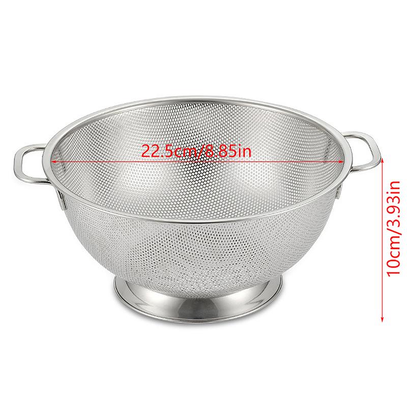 Coador de aço inoxidável com alça, cesta de filtro para macarrão de alimentos de cozinha com base de anel sólido autodrenante