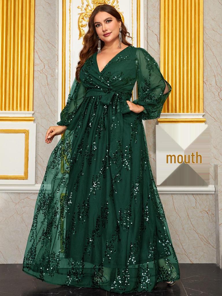 Damen Übergröße Pailletten Blumen Abendkleid mit Laternenärmeln und V-Ausschnitt
