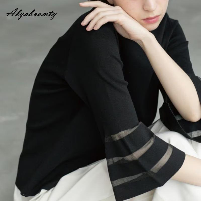 Korejská móda Jaro Léto Dámský základní top s krátkým rukávem O-výstřih Bílý Černý Pletený T-shirt Zvonový rukáv Ležérní Volný Pletený Dámský T-shirt