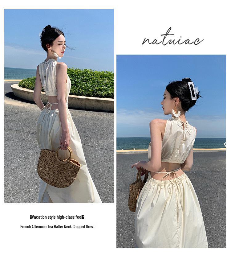 Design-Sense Waist-Baring Halter Dress: Slimming, Tie-Waist, Super-Fairy, Large-Hemmed Vacation Dress