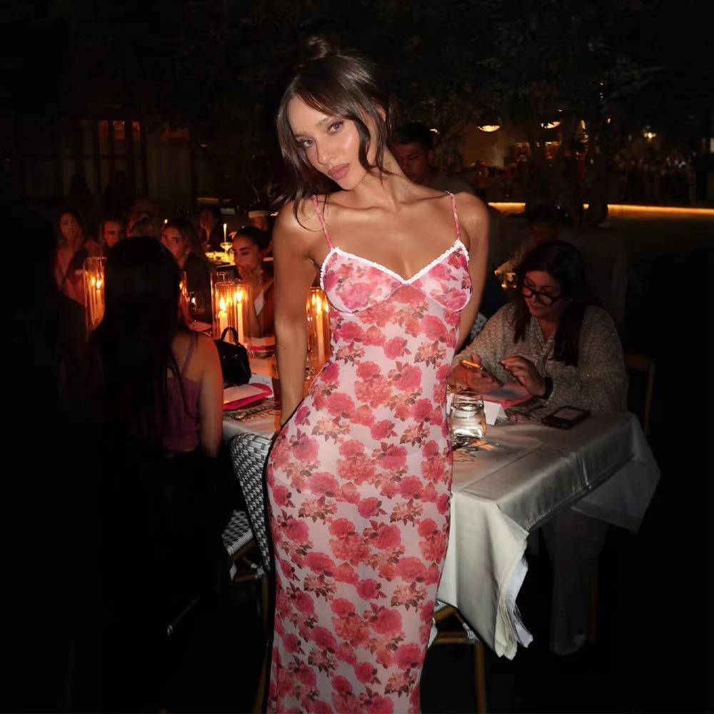 

Summer Romantic French V-Neck Suspender Lace Edge Rose Print Floral Dress Vacation Style Long Dress Women L