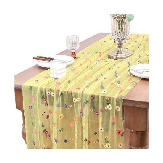 Embroidered Flower Table Runner Sheer Mesh Gauze Tablecloth for Spring Summer Delicate Floral Lace Table Decor for Wedding Party Dining Table