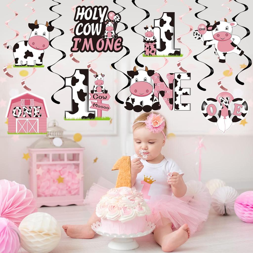 Holy Cow Im One Birthday Decorations Hanging Swirl for Baby Girl, Pink Cow First Birthday Foil Swirls Party Supplies, Baby 1st Bday Cow Theme Ceiling