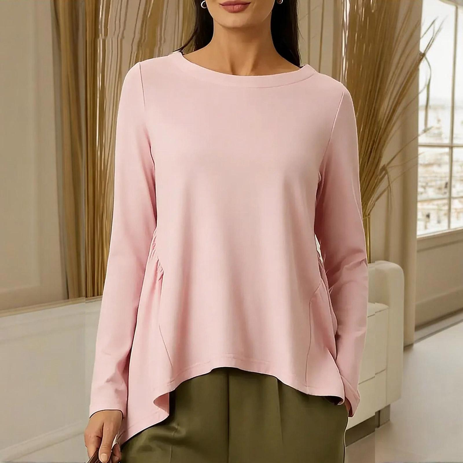 

Women s Fashionable Casual Solid Color Versatile Round Neck Long Sleeve Pleated T-Shirt XL рожевий