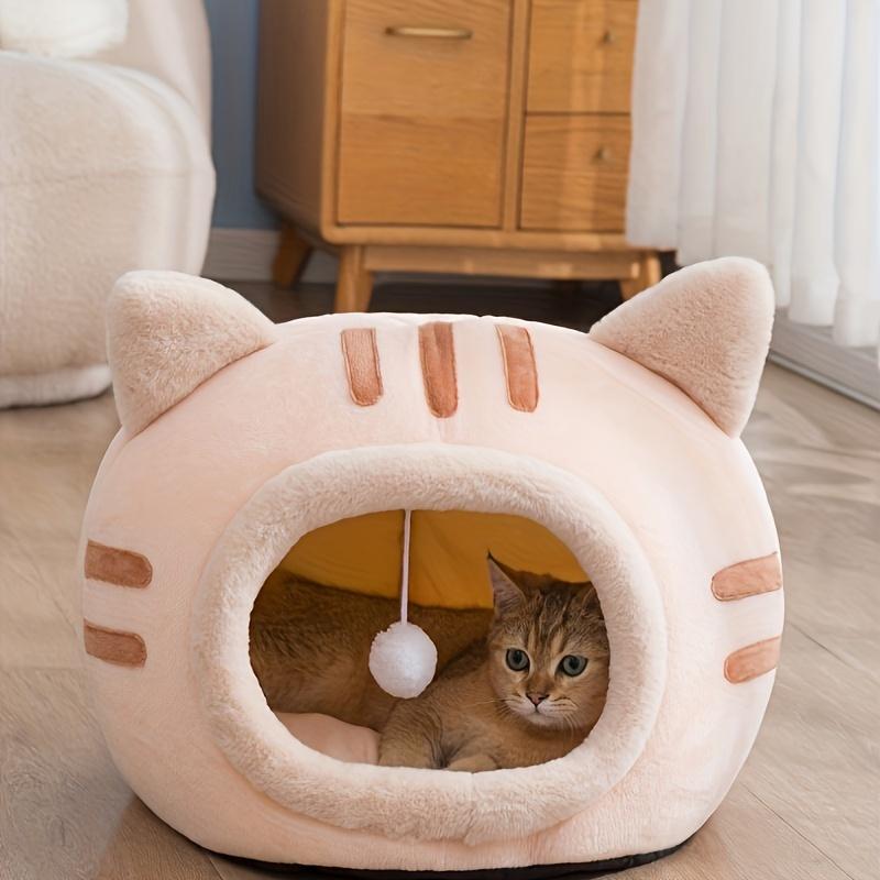 Semi-enclosed cat-shaped pet bed, washable all-season nest with non-slip bottom for cats & small dogs