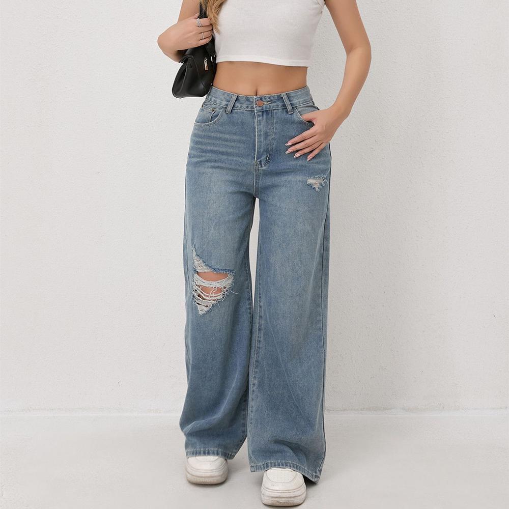 

Puffanpop Женские рваные джинсы с высокой посадкой и прямыми штанинами, джинсы винтажной стирки, джинсовые брюки больших размеров для офиса и повседневной носки XXL синий