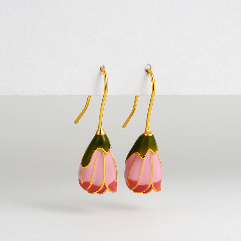 

Vintage Enamel Colored Flower Drop Earings for Women Stylish Dripping Petal Statement Hook Earring Zircon Gift for Her