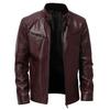 Ji Business Gentleman Warm Zip Cardigan Pocket Decorative PU Leather Jacket Stand-Up Collar Slim Leather Jacket